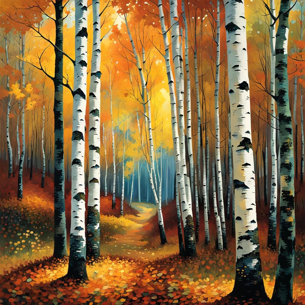 Autumn Birch Forest in Maximalist Style