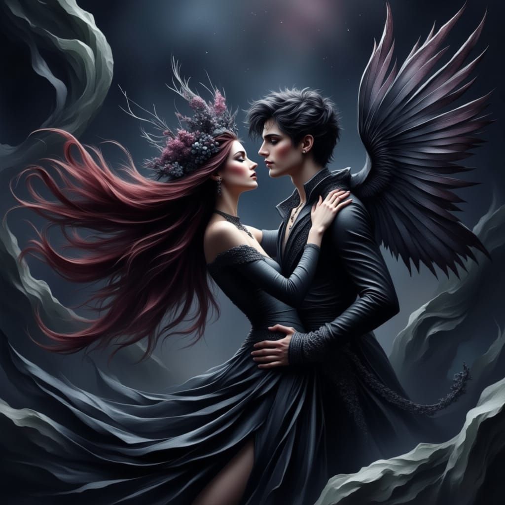 Druid Witch Dances with Fae Prince in Cyberpunk Style