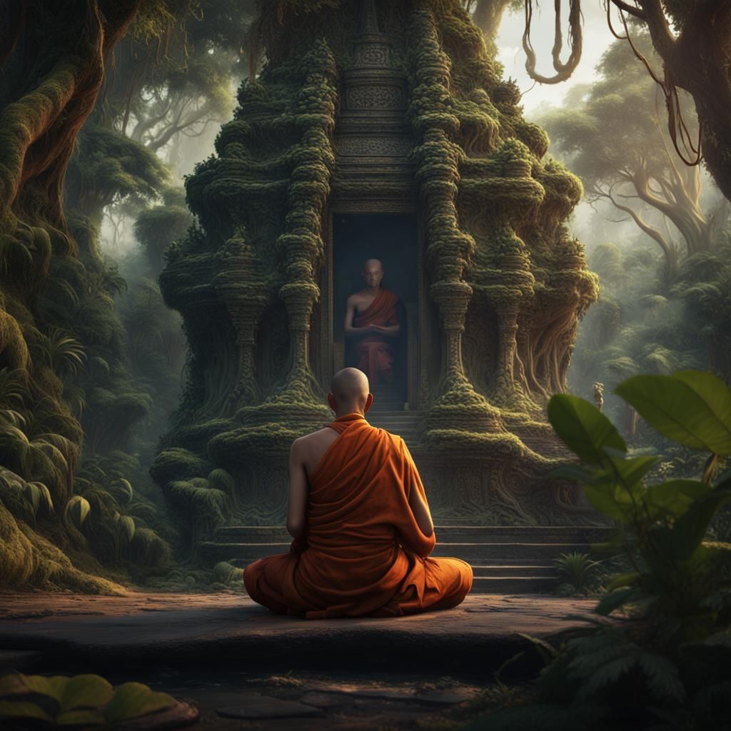 Buddhist Monk Meditating in Jungle, Detailed Matte Painting