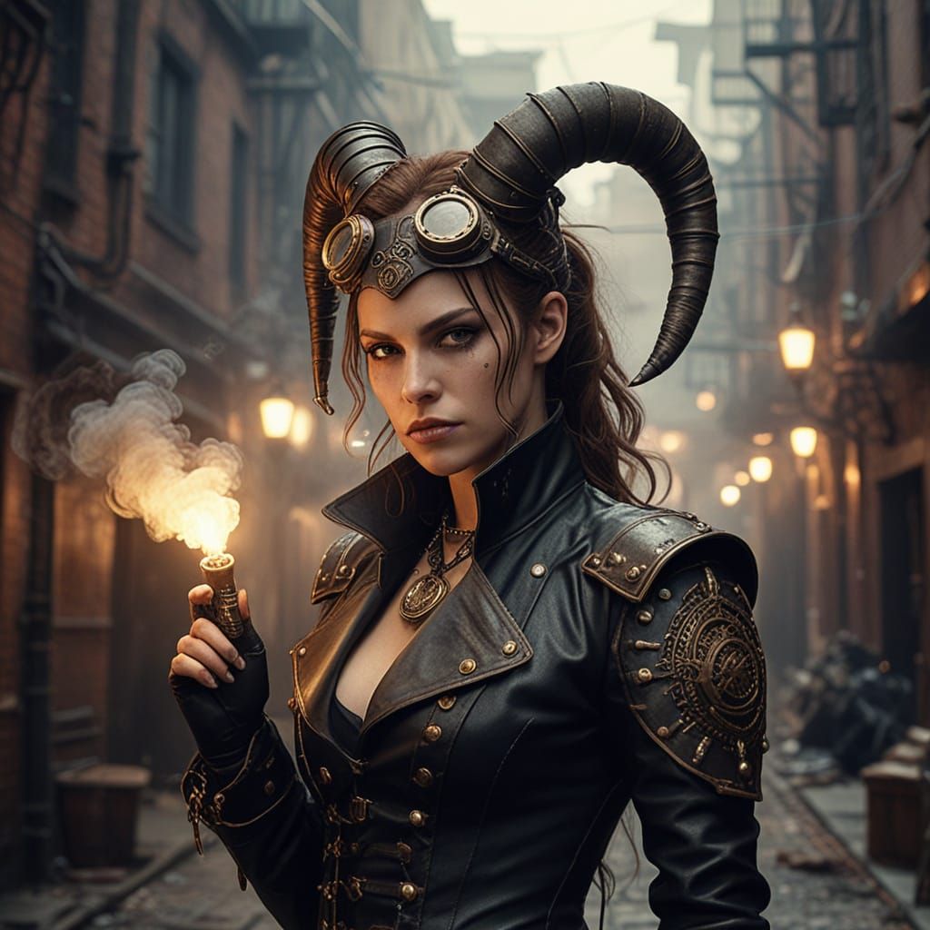 Steampunk Tiefling Assassin in Industrial Alleyway
