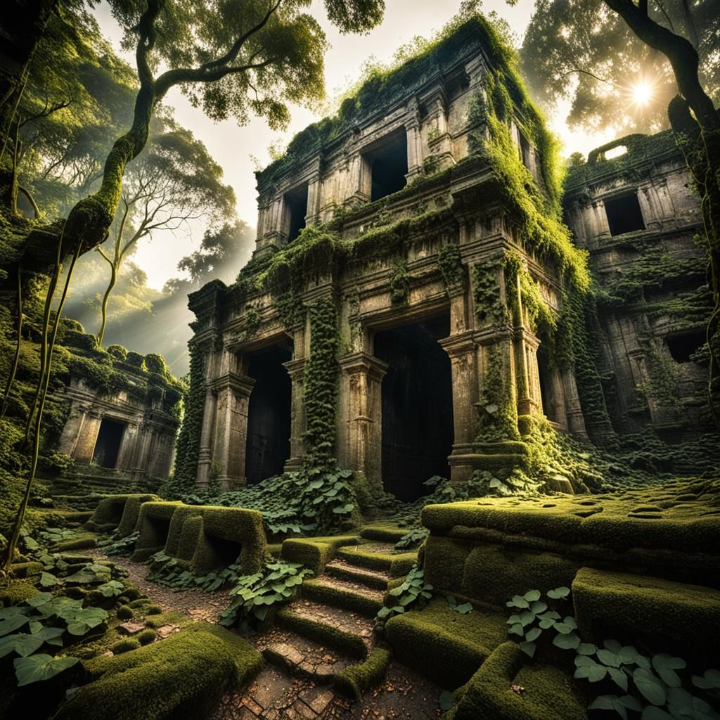 Jungle Ruins: Ancient Stone Structures in Golden Light