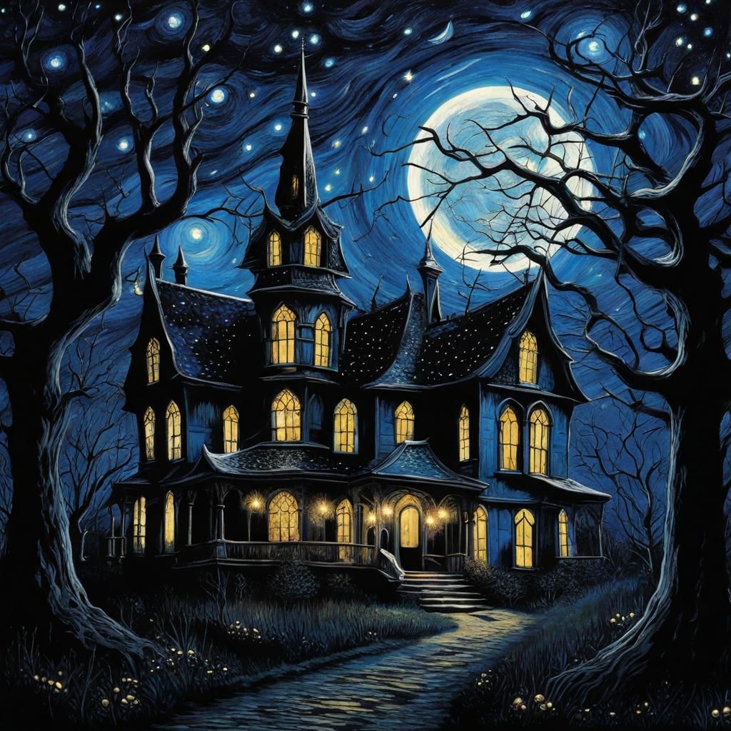 Gothic Halloween House under Van Gogh Starry Night