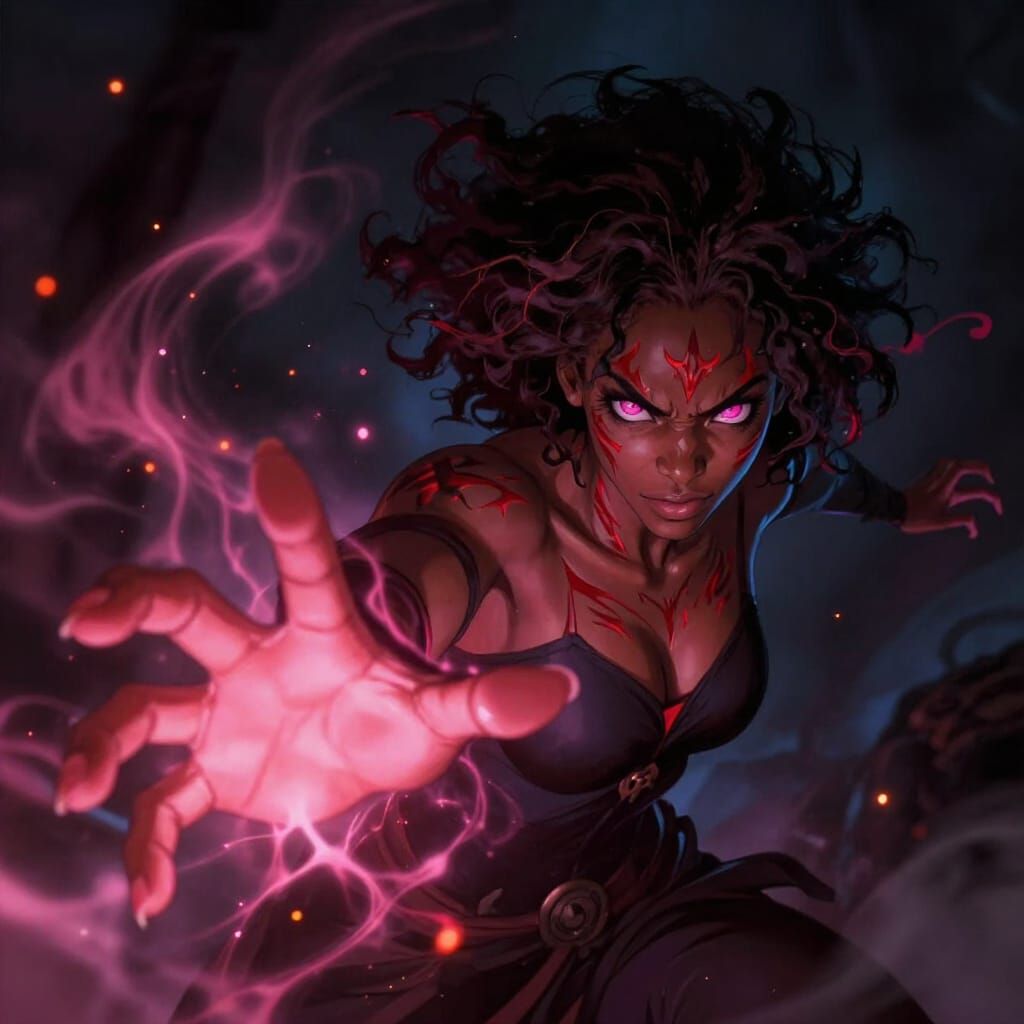 African American Sorceress Casting Spell in Dark Abyss