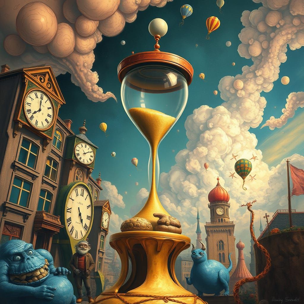 Surreal Dreamscape with Floating Hourglass, Salvador Dali St...