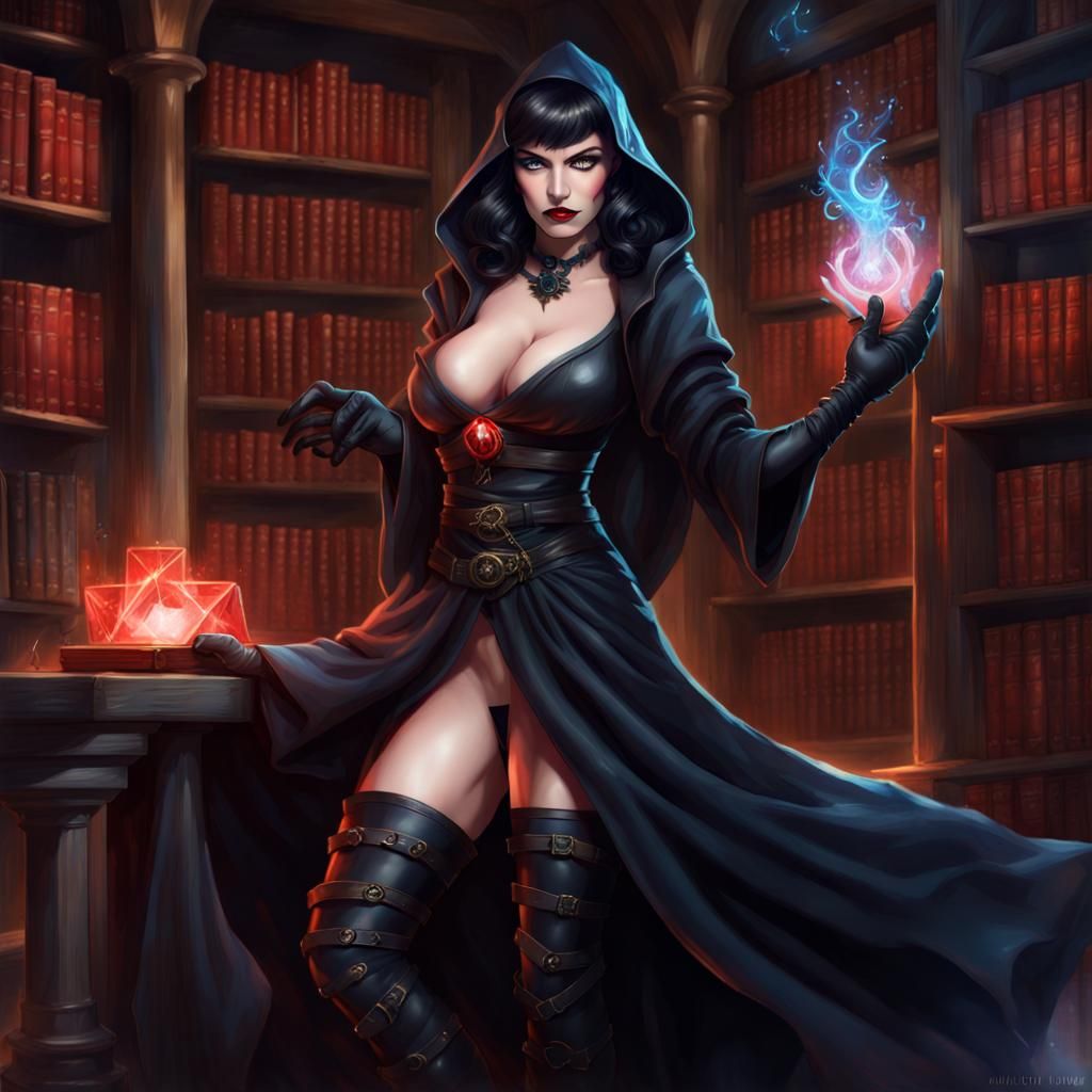 Petite Warlock Casting a Spell in Arcane Library
