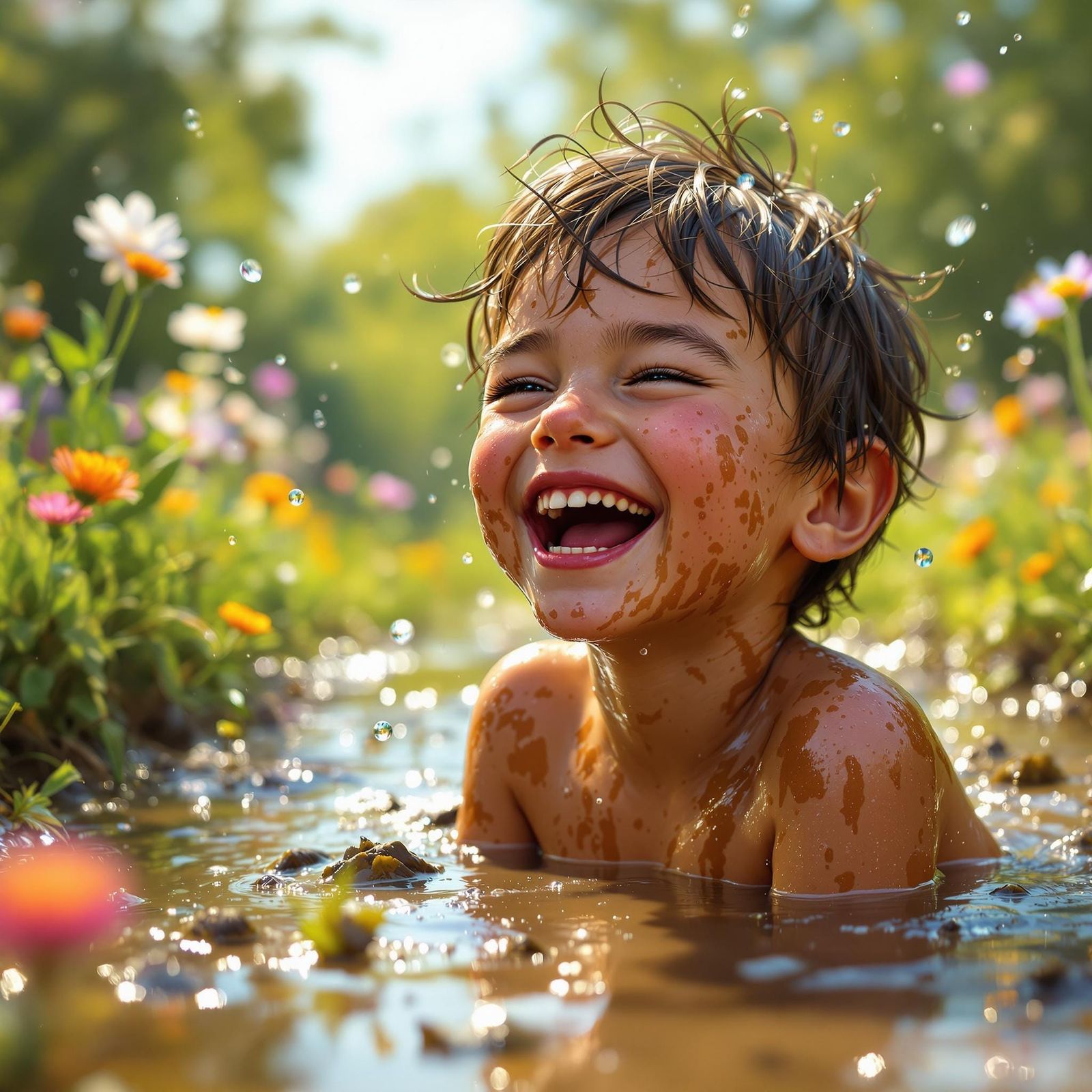 Joyful Child Plays in the Mud