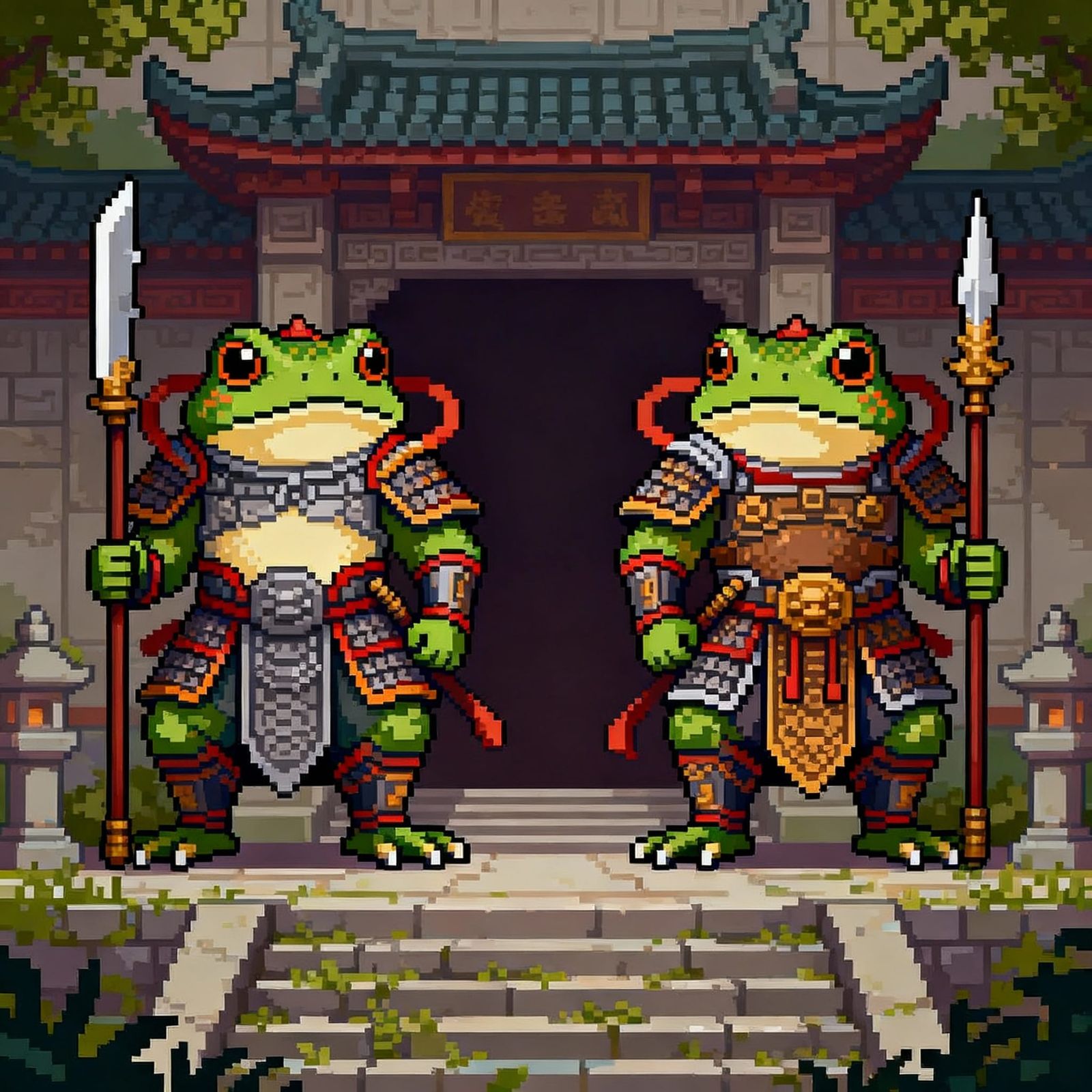 Mythical Toads Guarding Temple Entrance in 16-Bit Pixel Art