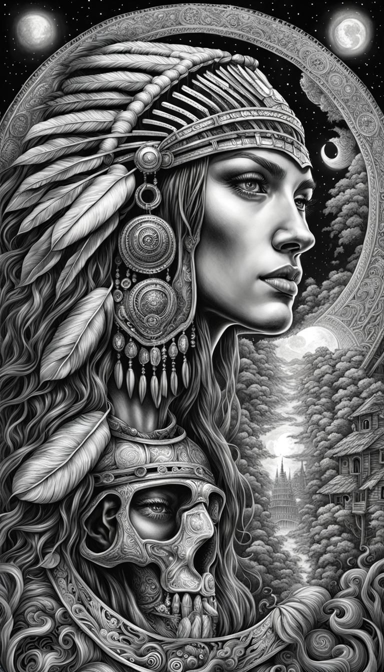 Detailed Black & White Ink Drawing of Native Americans
