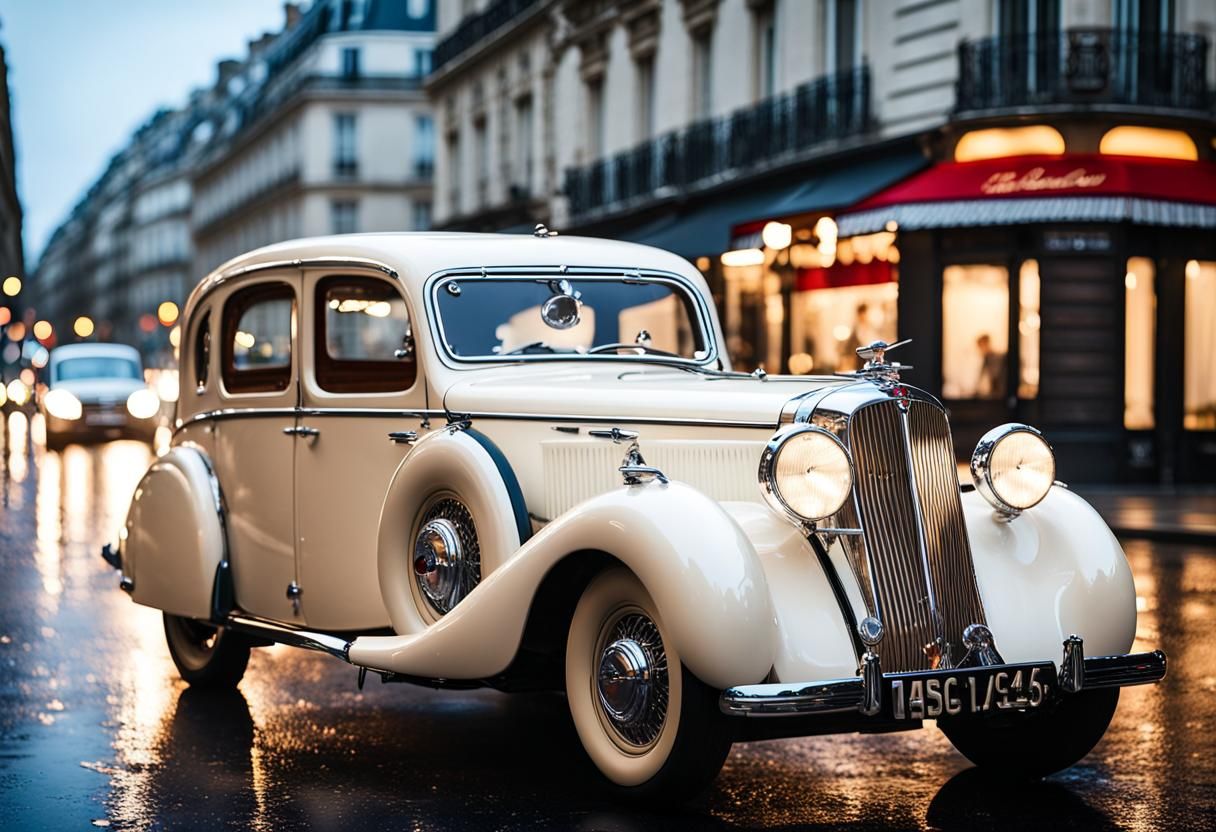 Luxury French Car in Rainy Paris Night