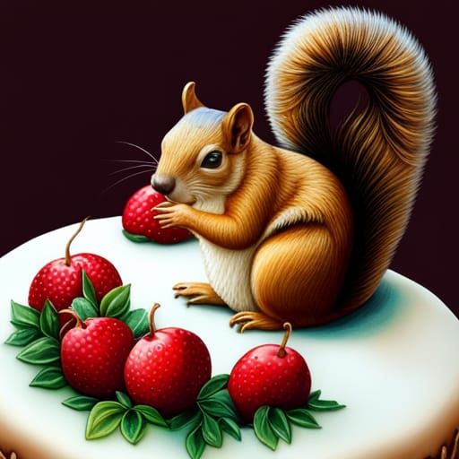Squirrel Guarding Cake: Ultrarealistic Oil Painting
