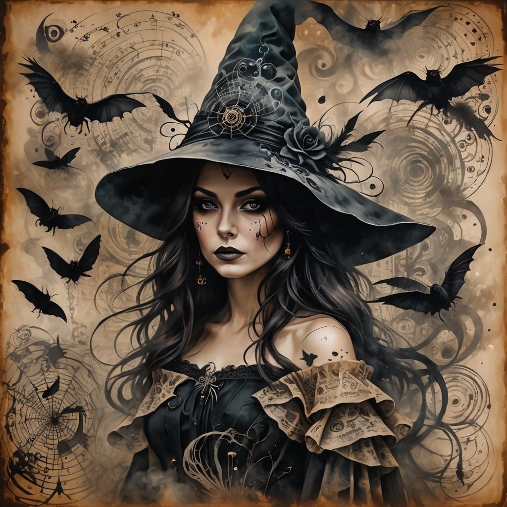 Beautiful Witch with Spiders in Mixed Media