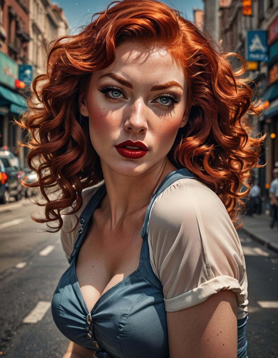 Attractive Redhead Pinup Girl in Hyperrealistic Digital Art