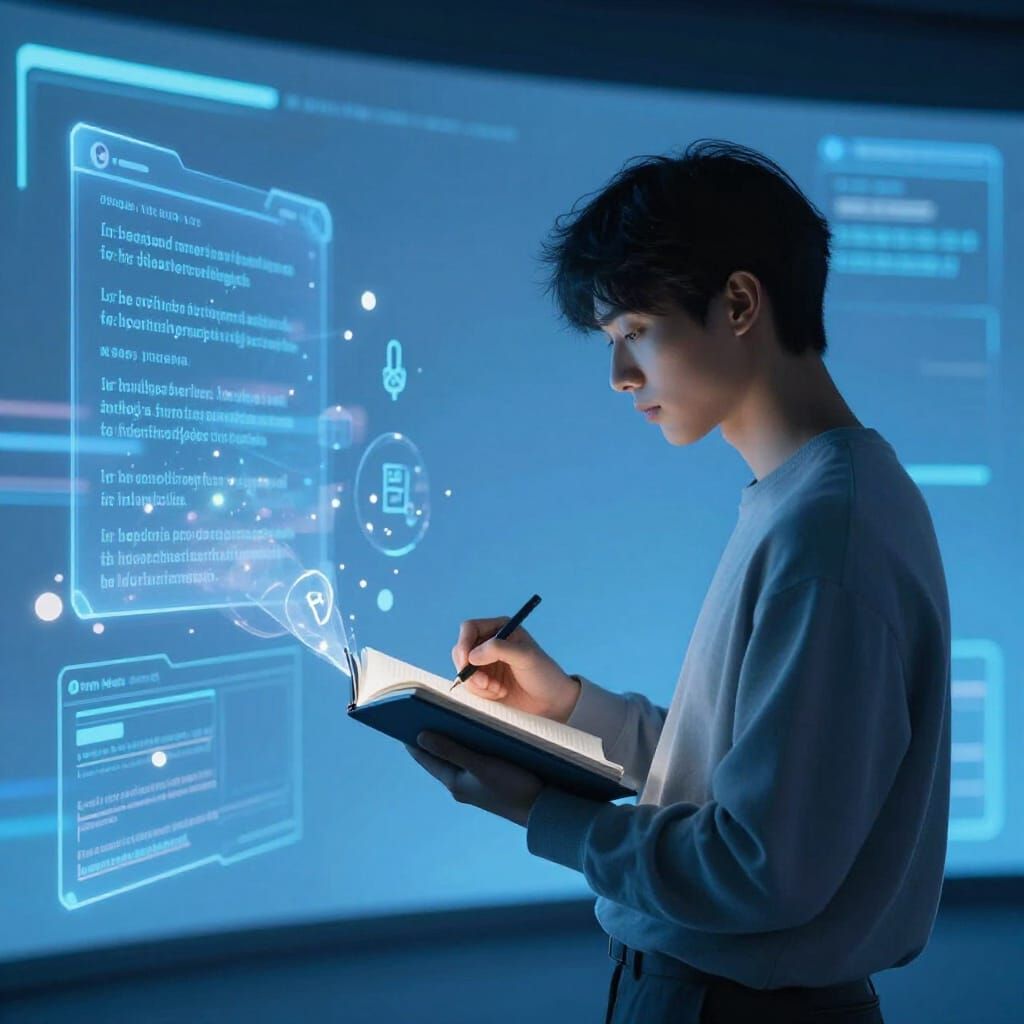 AI Text Floating Around Person Writing in Virtual World