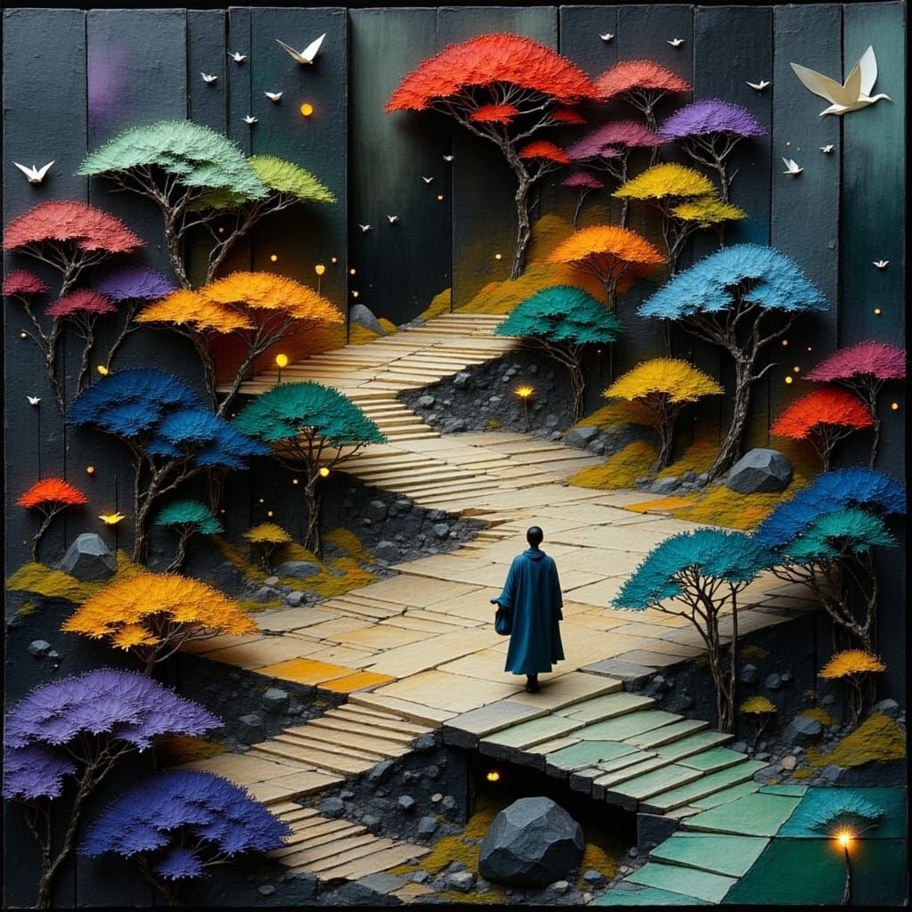 Zen Garden of Origami and Glass in Twilight