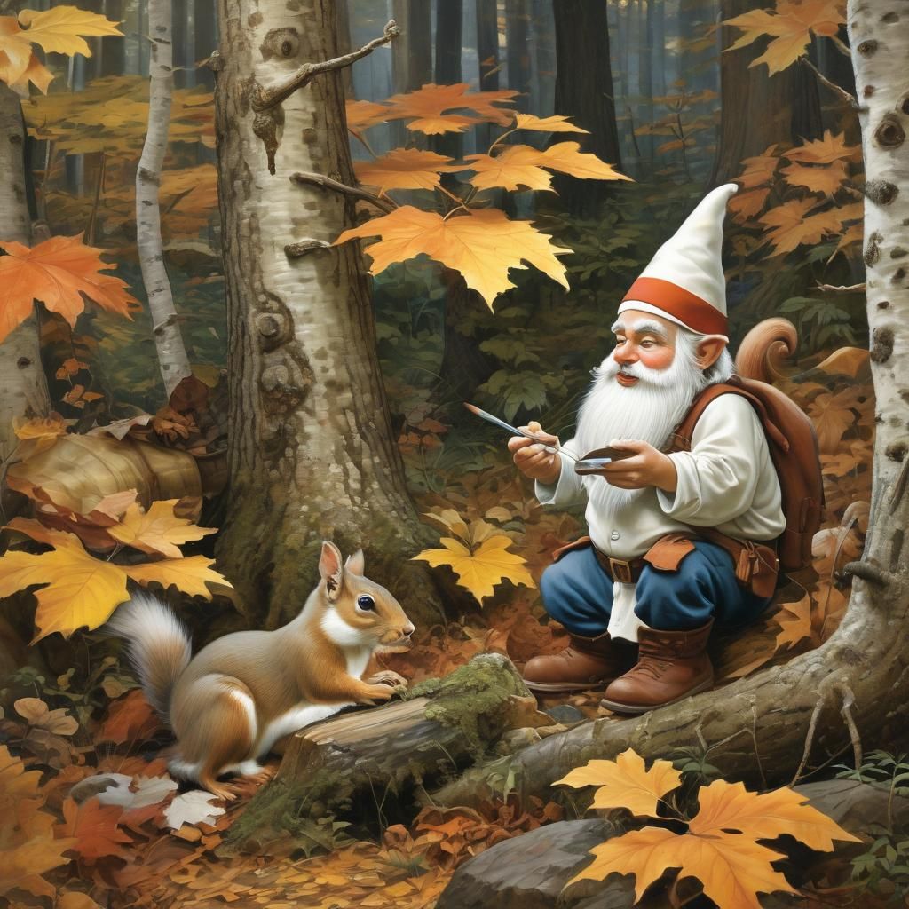 Gnome Paints Squirrel White in Autumn Forest