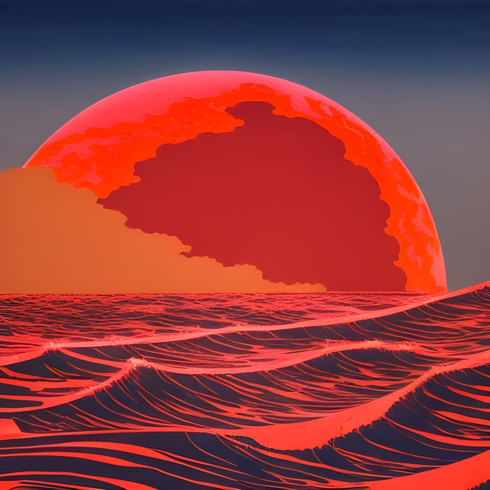 Psychedelic Blood Moon Over Crimson Sea