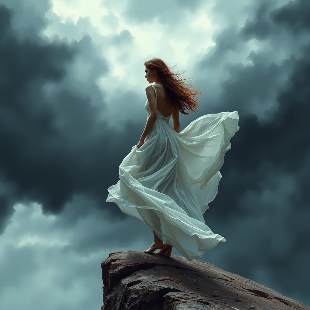 Woman on Windswept Cliff Edge in Stormy Sky