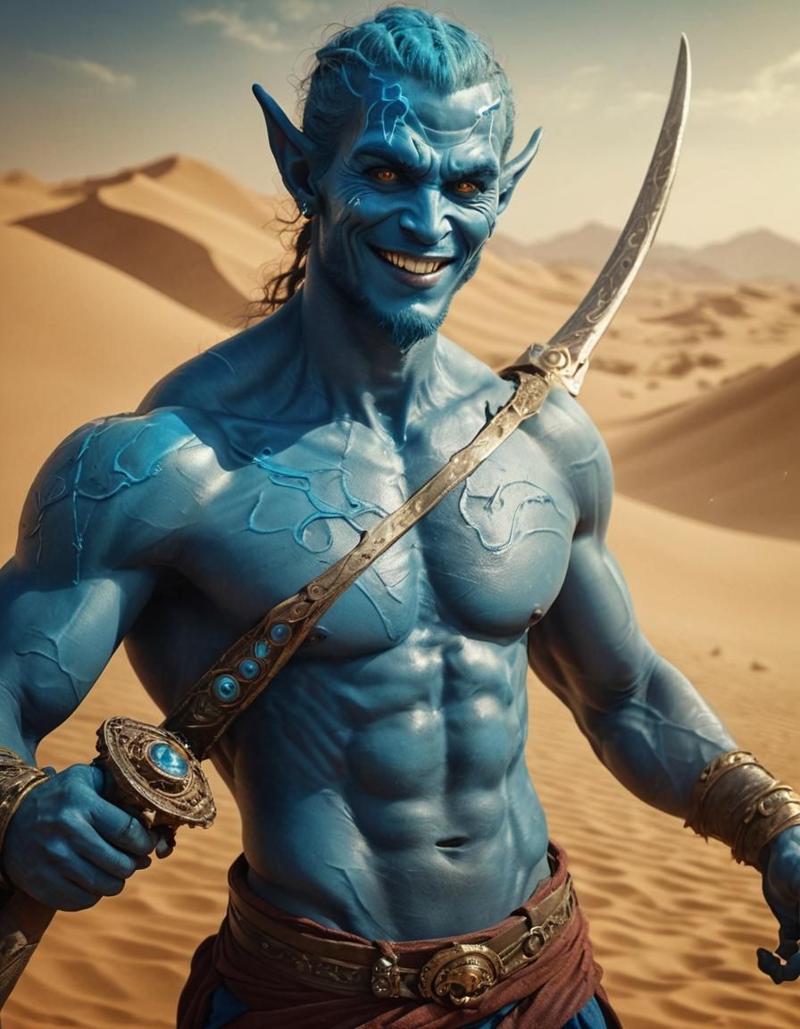 Hyperrealistic HD Photo of Smiling Blue Djinn