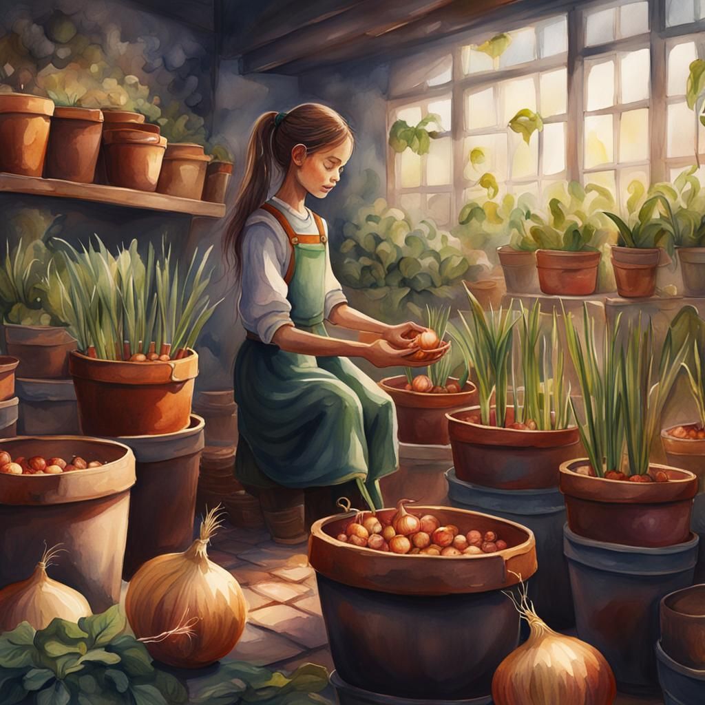 Girl Growing Onions: Watercolor Painting