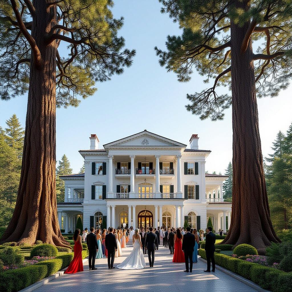 Grand White Mansion with Redwood Trees and Futuristic Party