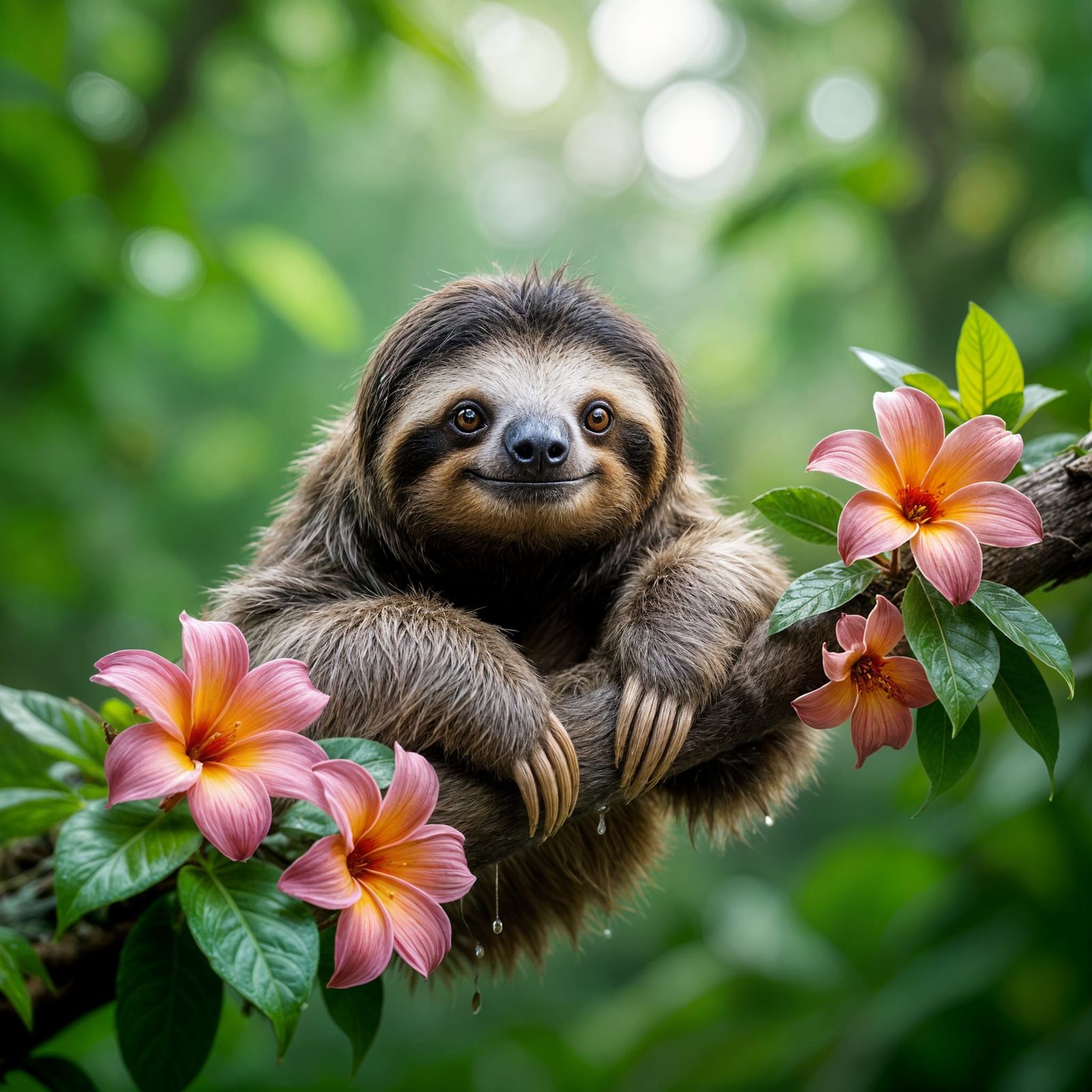 Hyperrealistic Sloth on Flower Branch in Misty Rainforest