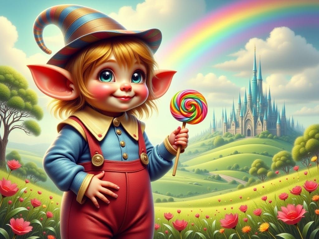 Whimsical Wizard of Oz Munchkin in Colorful Outfit Holds Lol...