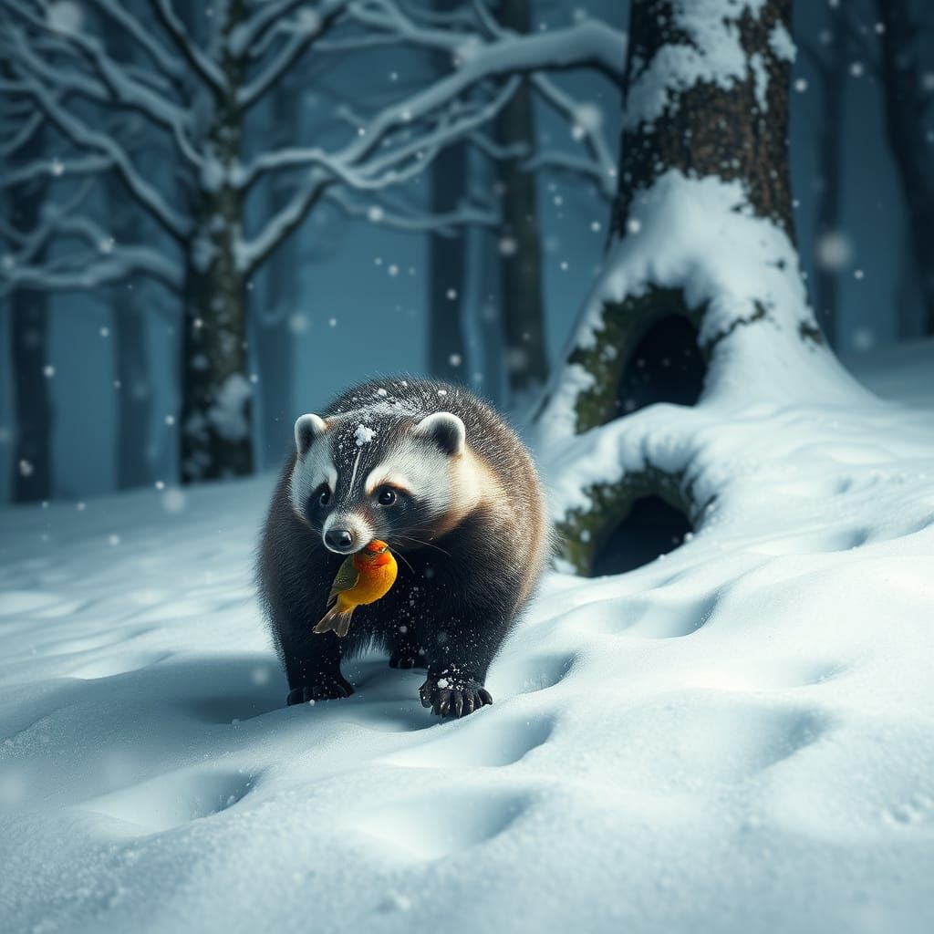 Tanuki Emerges from Snowstorm with Fresh Catch