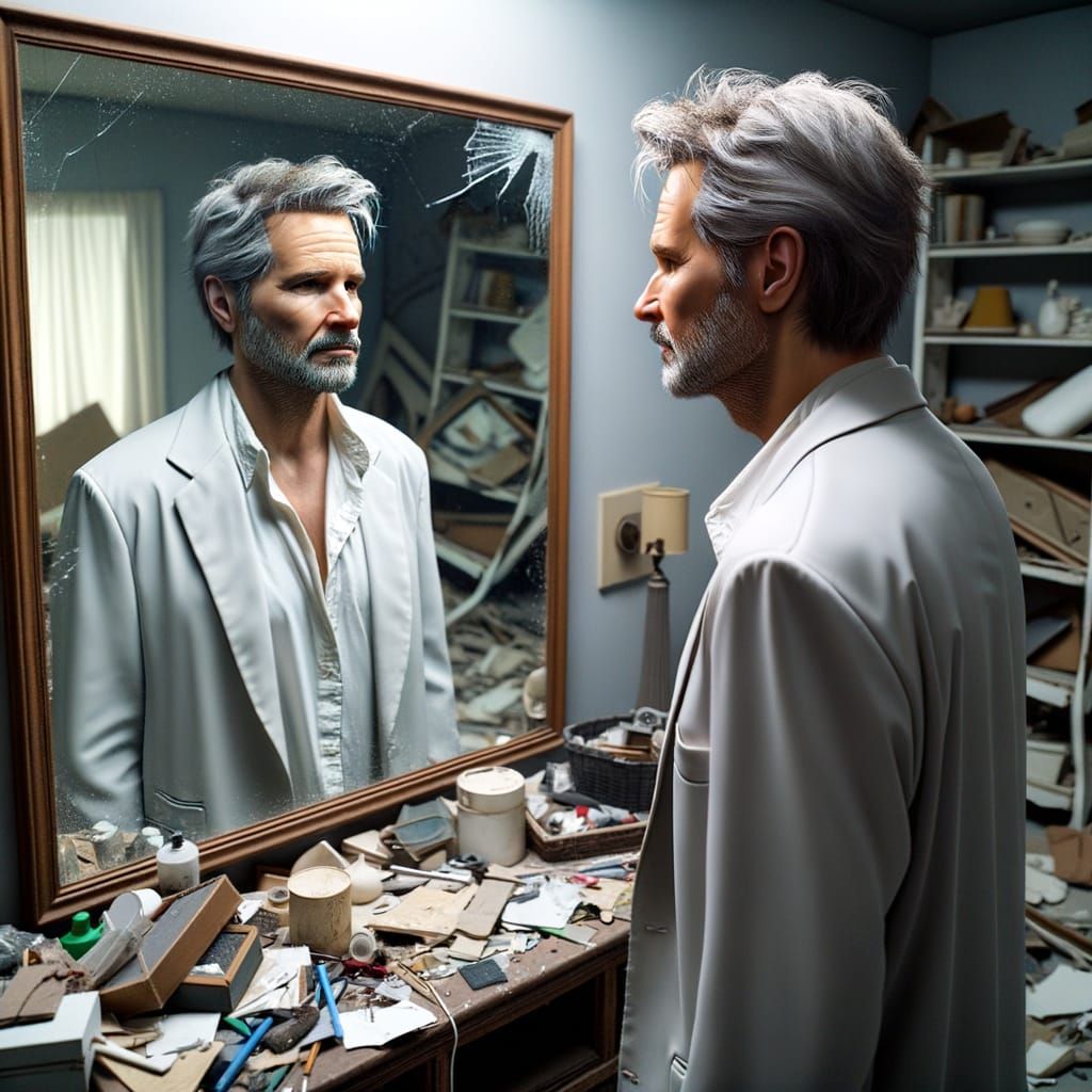 Man Contrasts Past and Present in Mirror Reflection