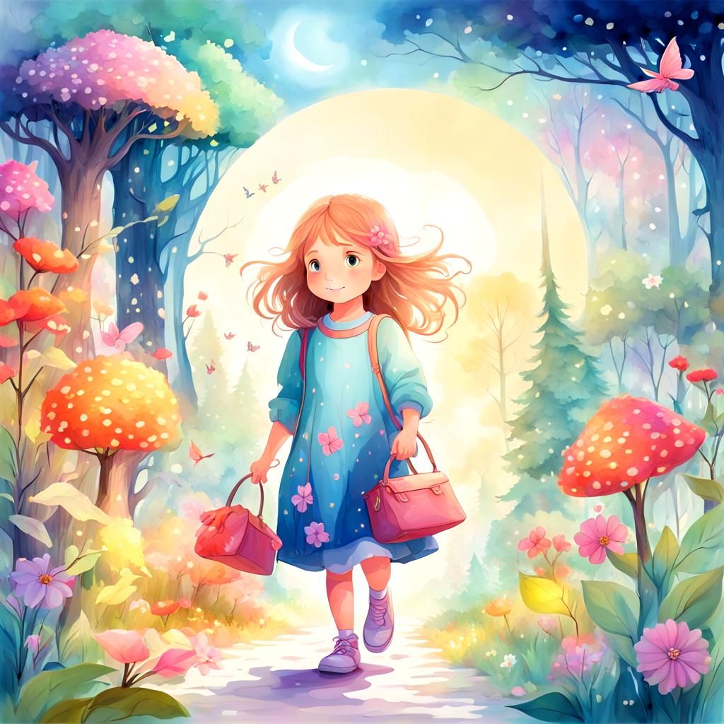 Cute little girl waking through a fantasy forest