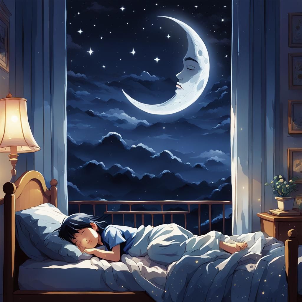 Child Sleeping Under Moon in Anime Style