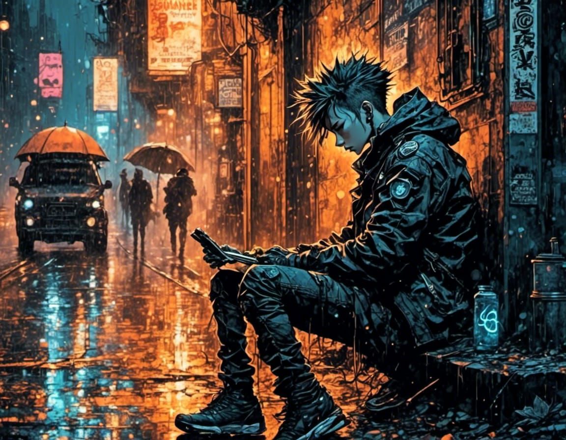 Cyberpunk Punk in Rainy Alleyway