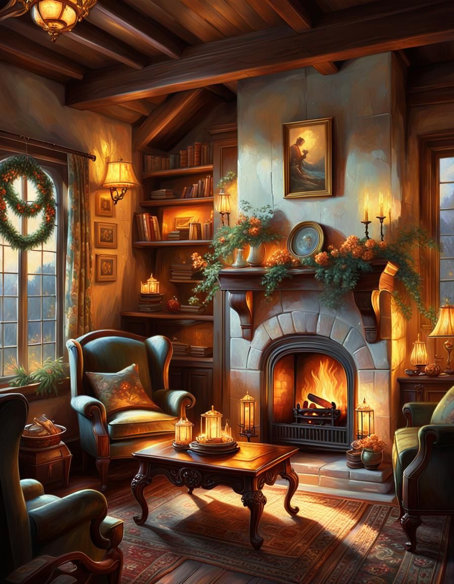 Cozy Cottage Interior in Impasto Gouache Style