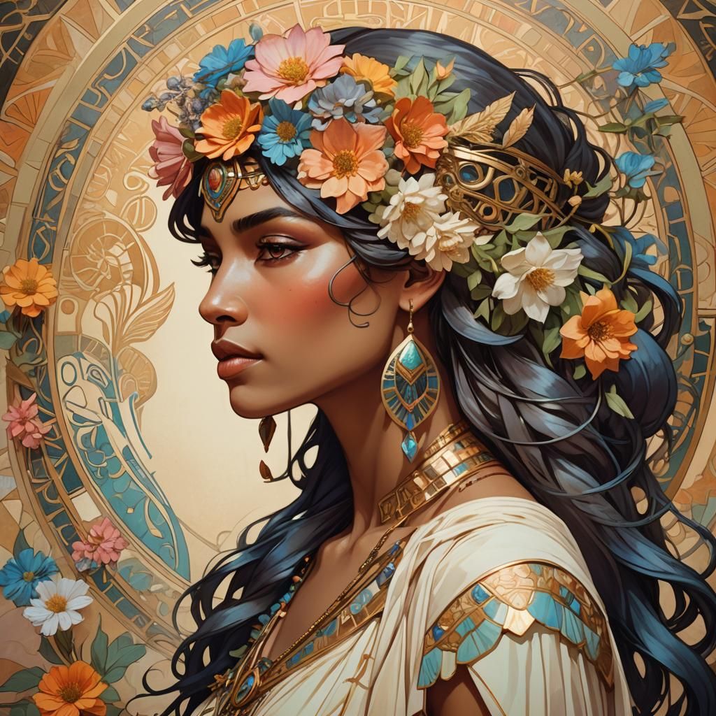 Egyptian Goddess Art Nouveau Portrait with Flowers