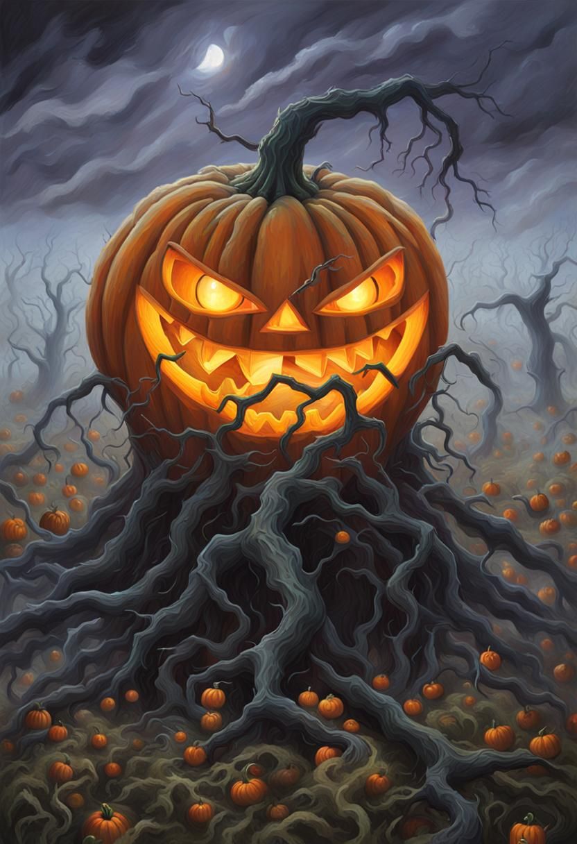 Giant Jack o' Lantern Crawls Across Misty Farmland