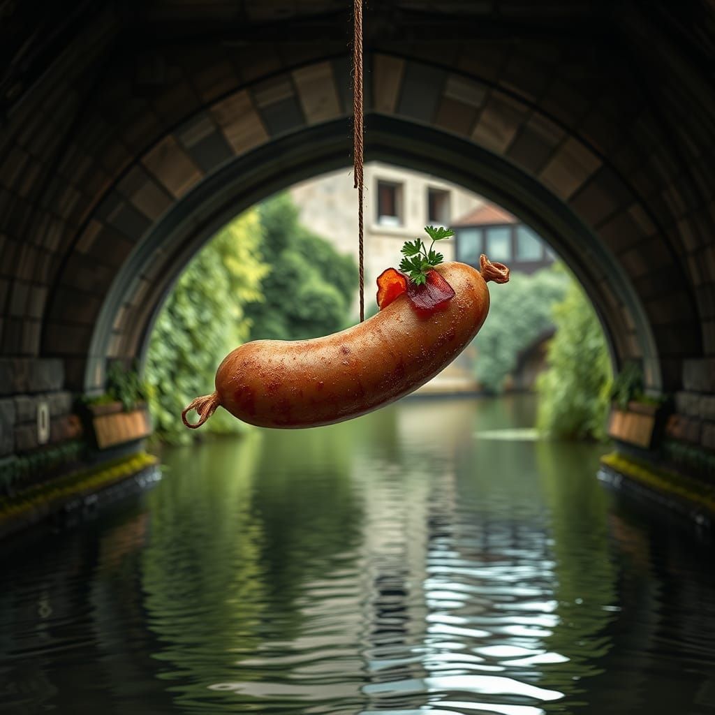 Sausage Suspended Under Ancient River Bridge