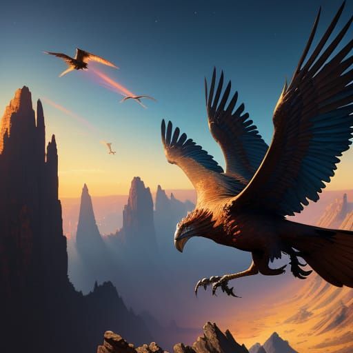 Griffin Soaring in Sunset Sky: Fantasy Concept Art
