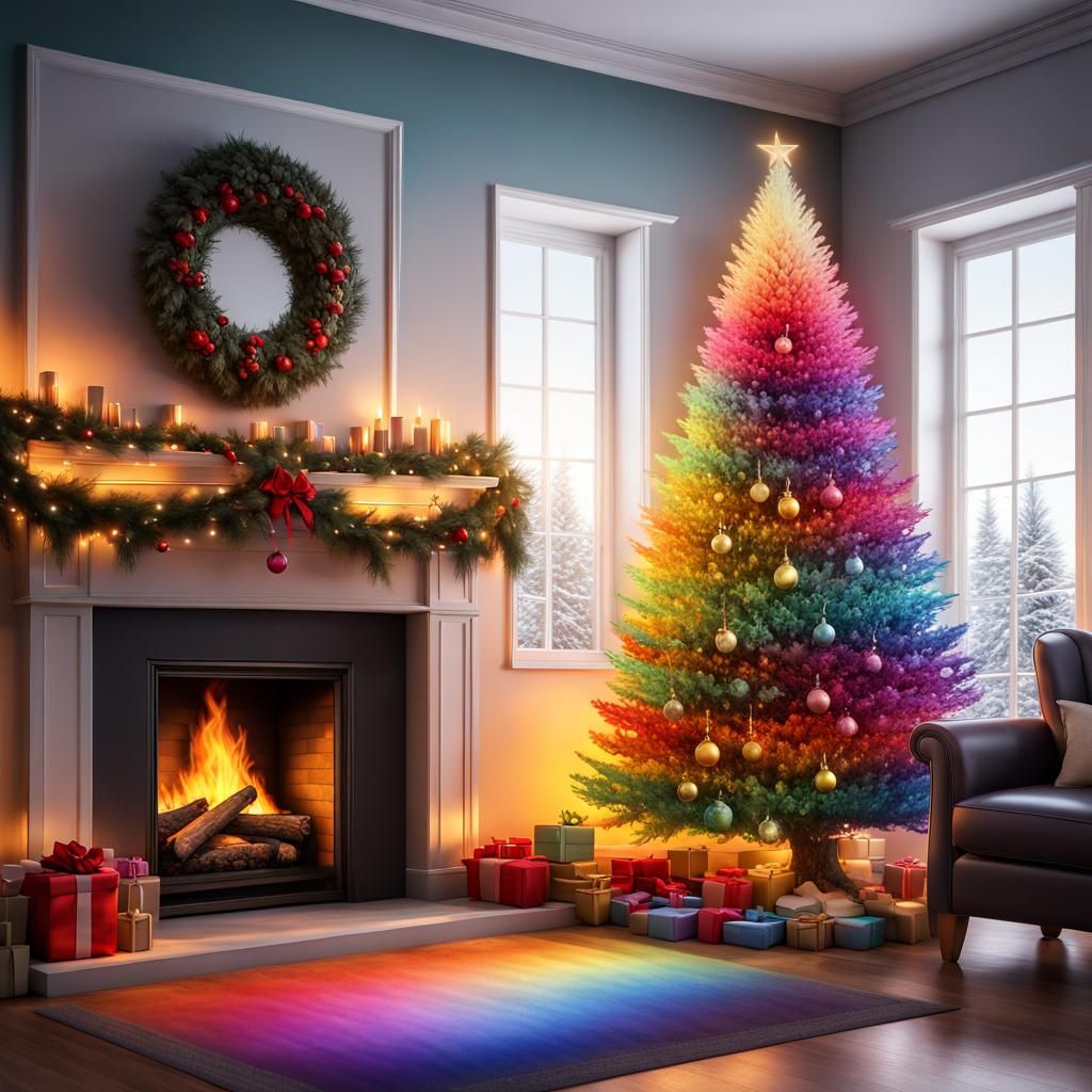Rainbow Christmas Tree with Fireplace in 3D