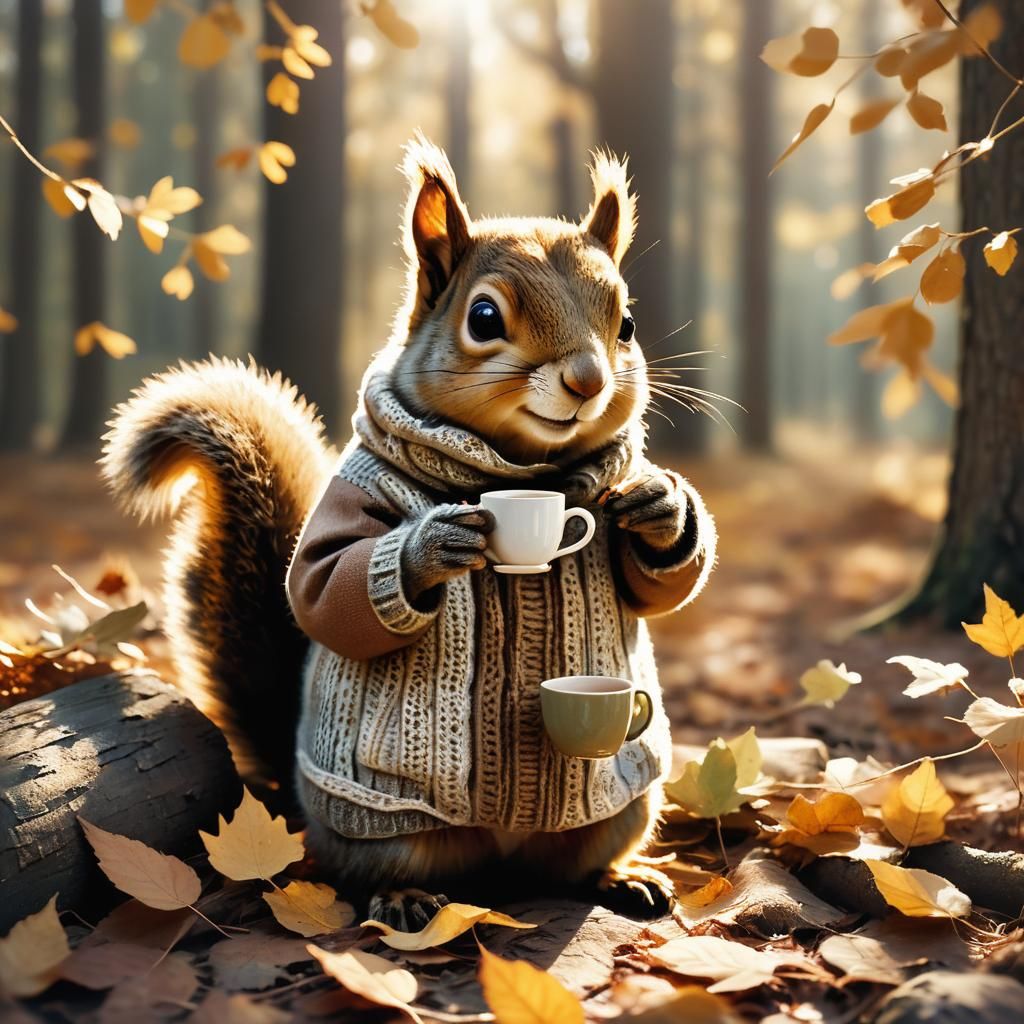 Squirrel Enjoying Tea in Autumn Forest