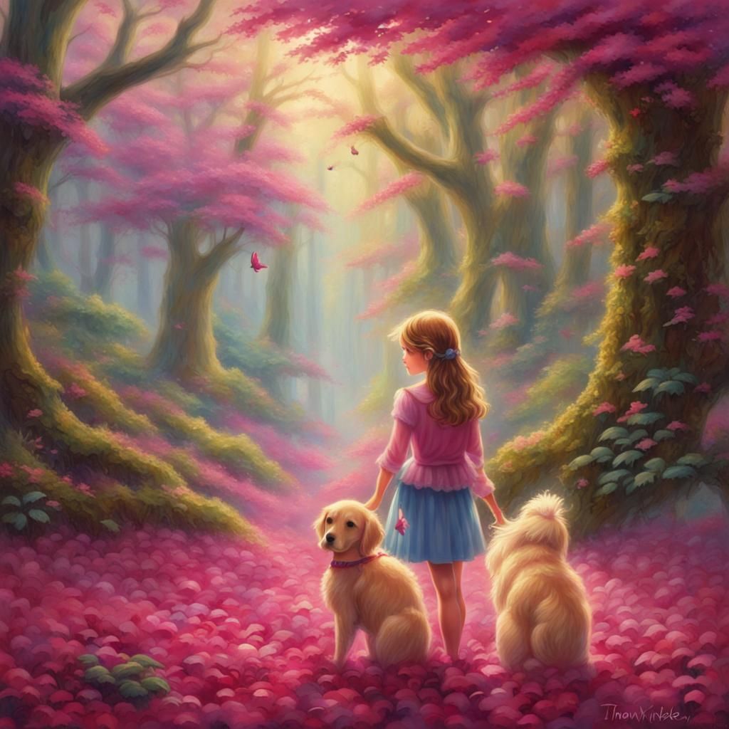 Fuchsia Kawaii Girl and Dog in Dreamy Forest
