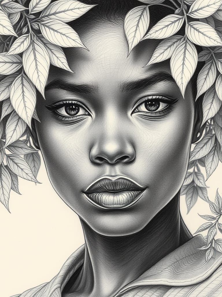 African American Woman Portrait with Foliage, Realistic Penc...