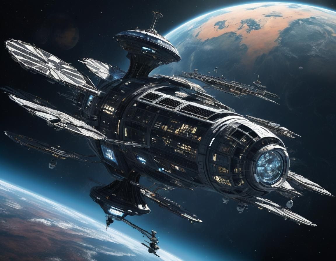 Alien Spacecraft Approaches Futuristic Space Station