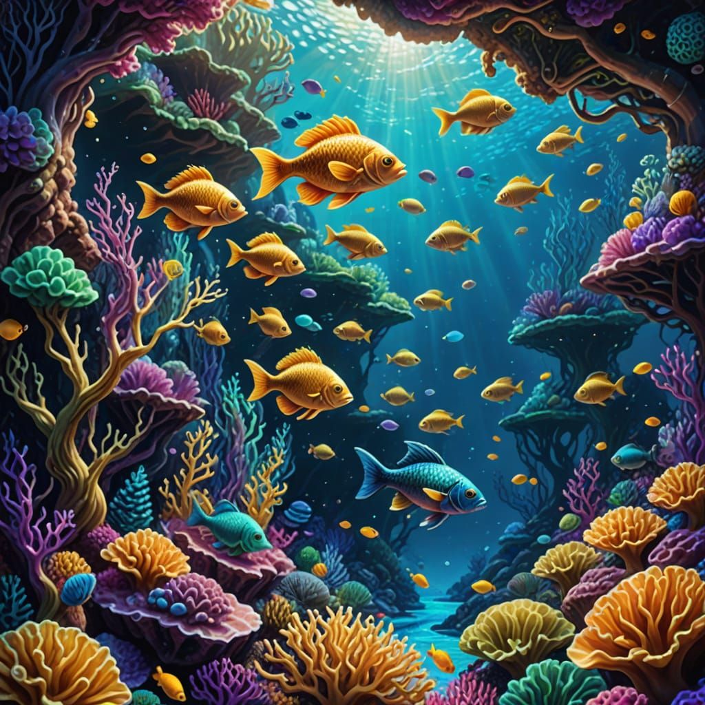 Sponge Fish in Coral Reef: Oil Painting