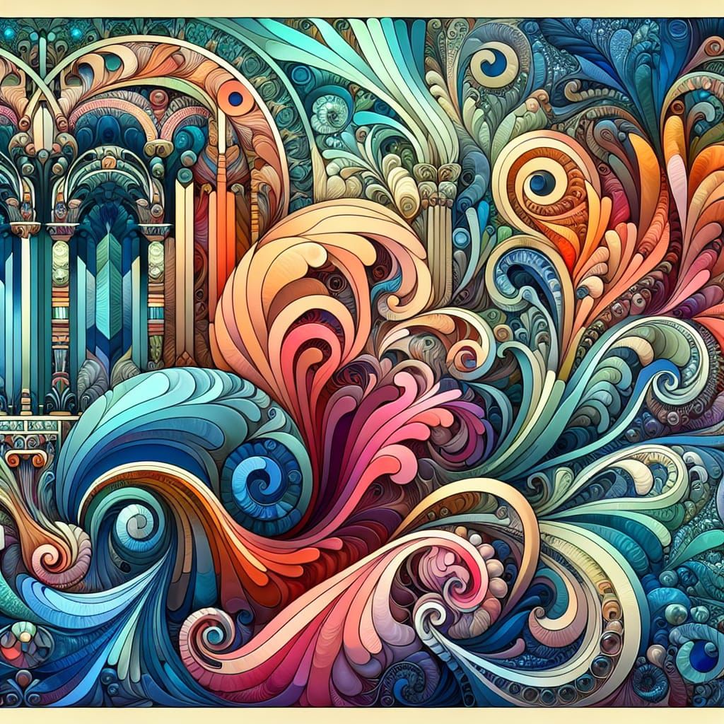 Art Nouveau Fractal Colonnade in Kaleidoscopic Panorama