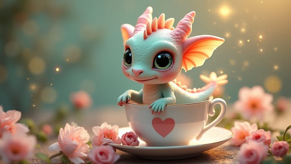 Whimsical Baby Dragon in Delicate Teacup, Surrounded by Spar...