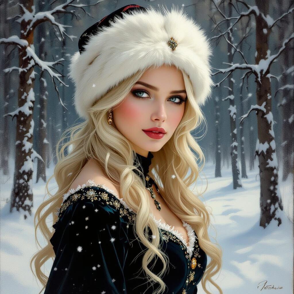 Romantic Painting of Platinum Blonde in Snowy Forest