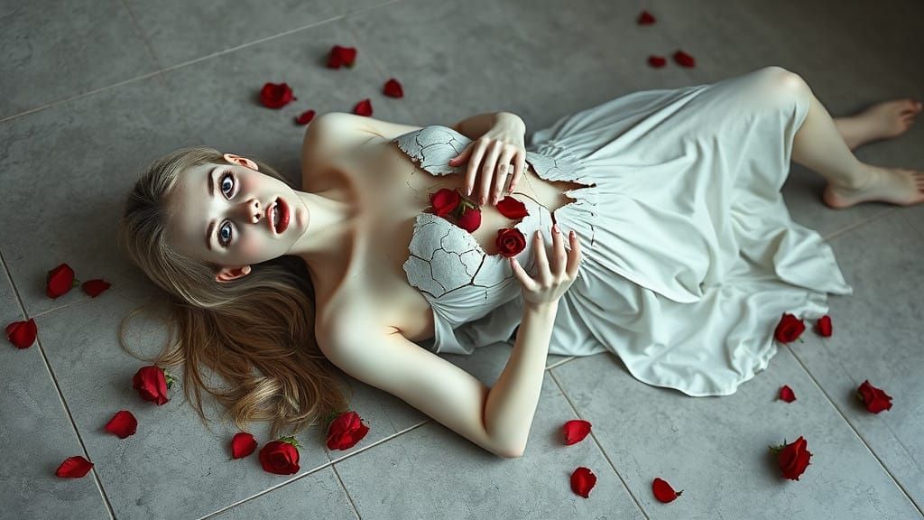 Surreal Woman in White Mannequin Form on Gray Floor