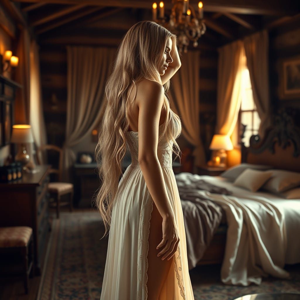 Elegant Woman in Warmly Lit Rustic Sanctuary