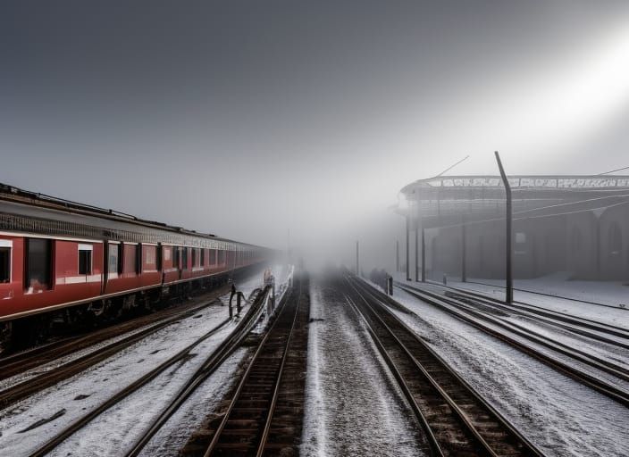 Steampunk Train Station on a Sunny Winter Day