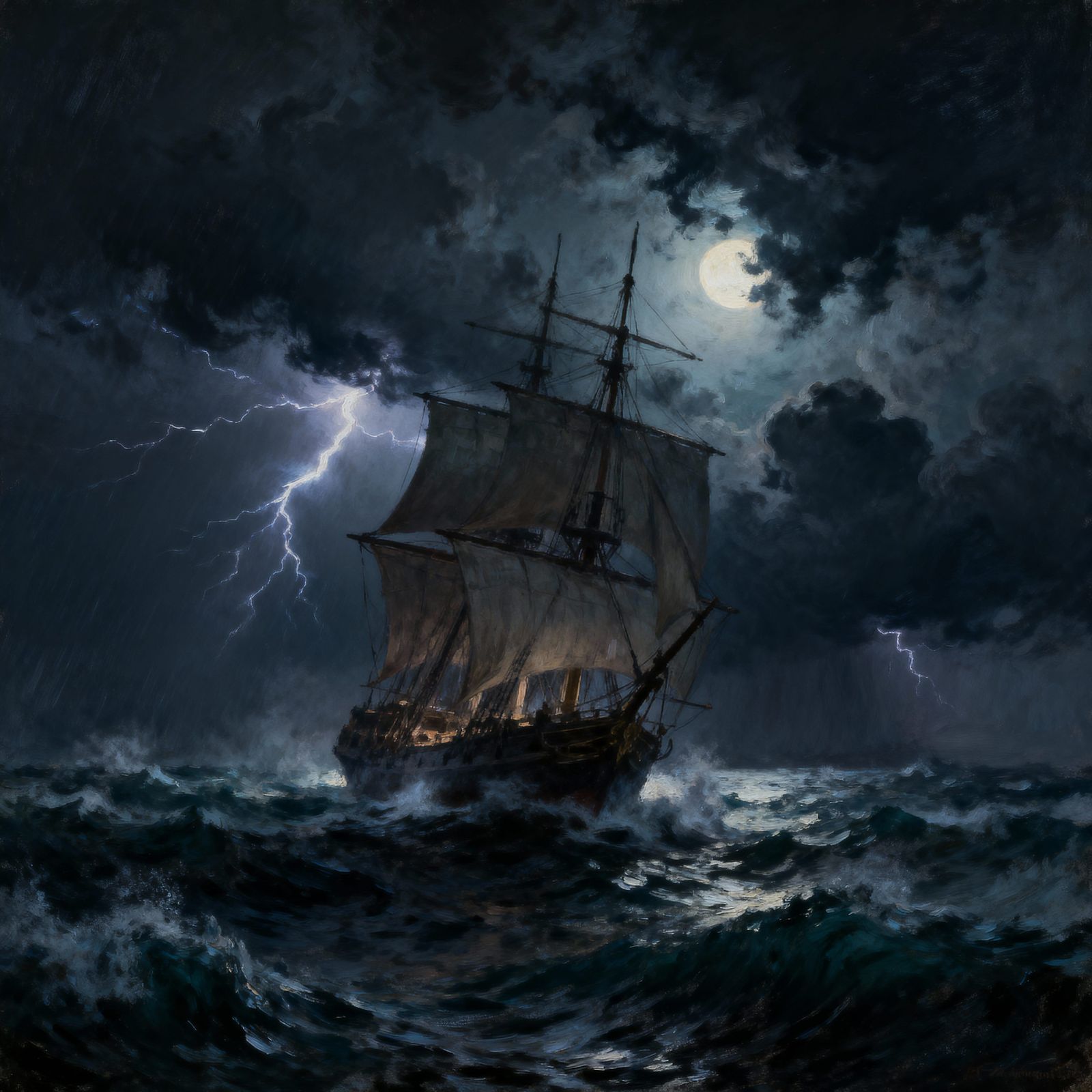 Stormy Night Sailing Ship in Tempestuous Sea