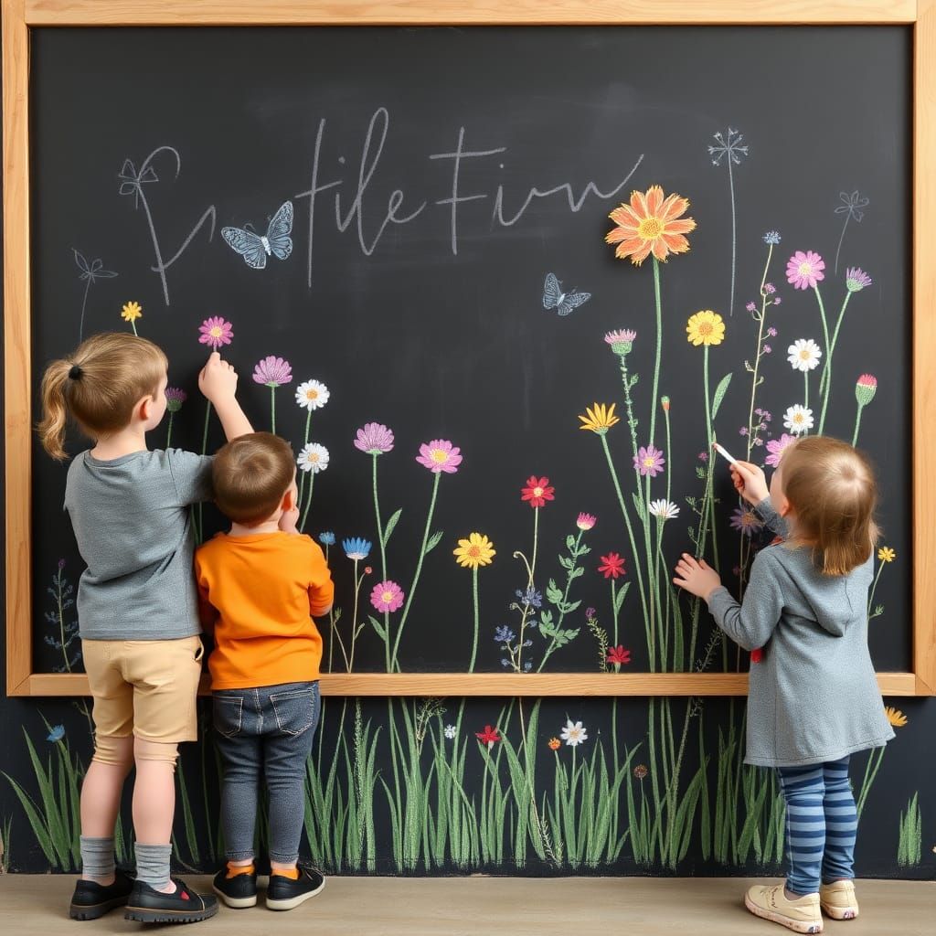 Children Create Chalk Art Meadow on Blackboard